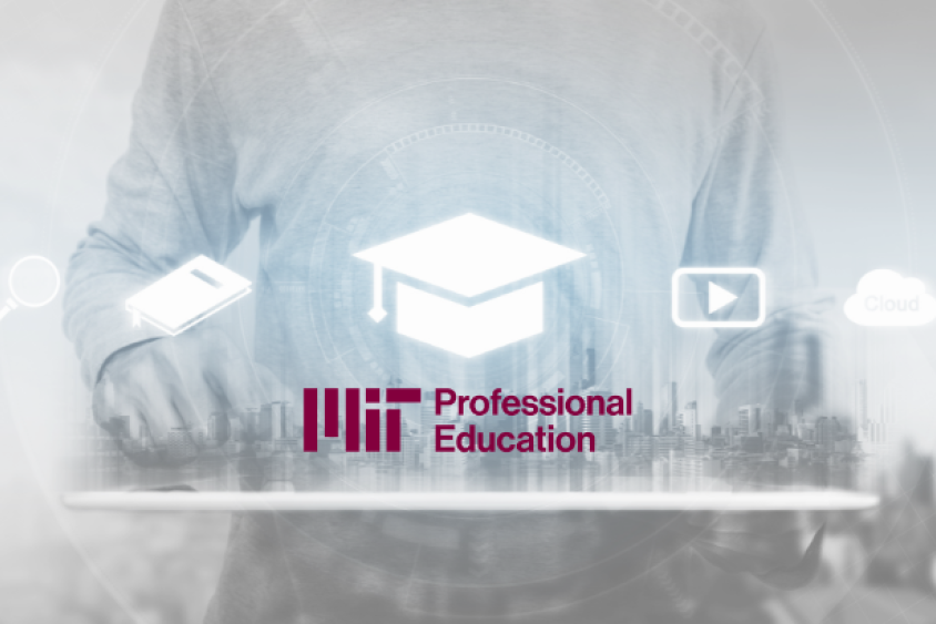 Man and city skyline set behind a group of icons related to professional education